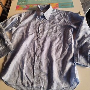 Vintage Pure Silk Light Blue Jacquard Pagoda Scenic Button Down Shirt Large